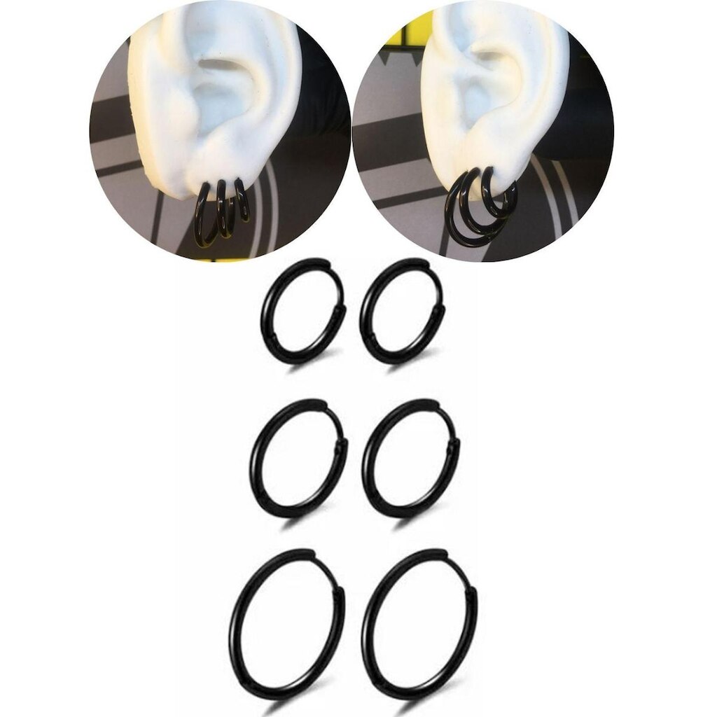 Kit Brinco Masculino Feminino Trio Argola Preto 10,14,18mm Aço Inoxidável