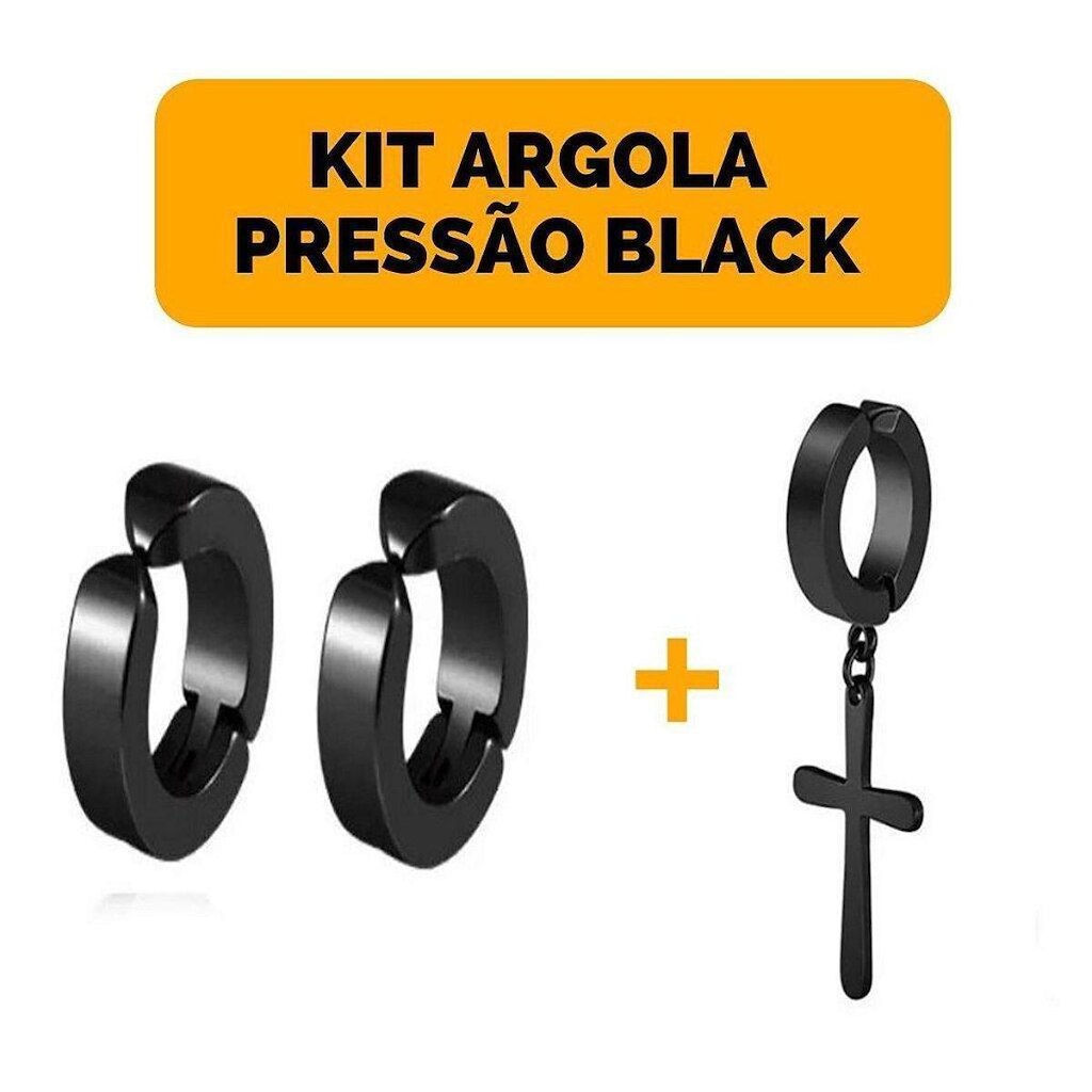 Kit Brinco Masculino Pressão Aço Argola Preta com Cruz