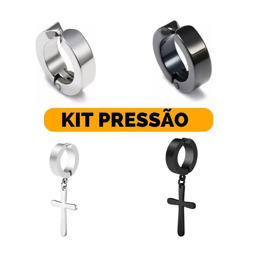 Kit Brinco Pressão Argola Fake Preto Prata Masculino Aço Inoxidável 4pçs