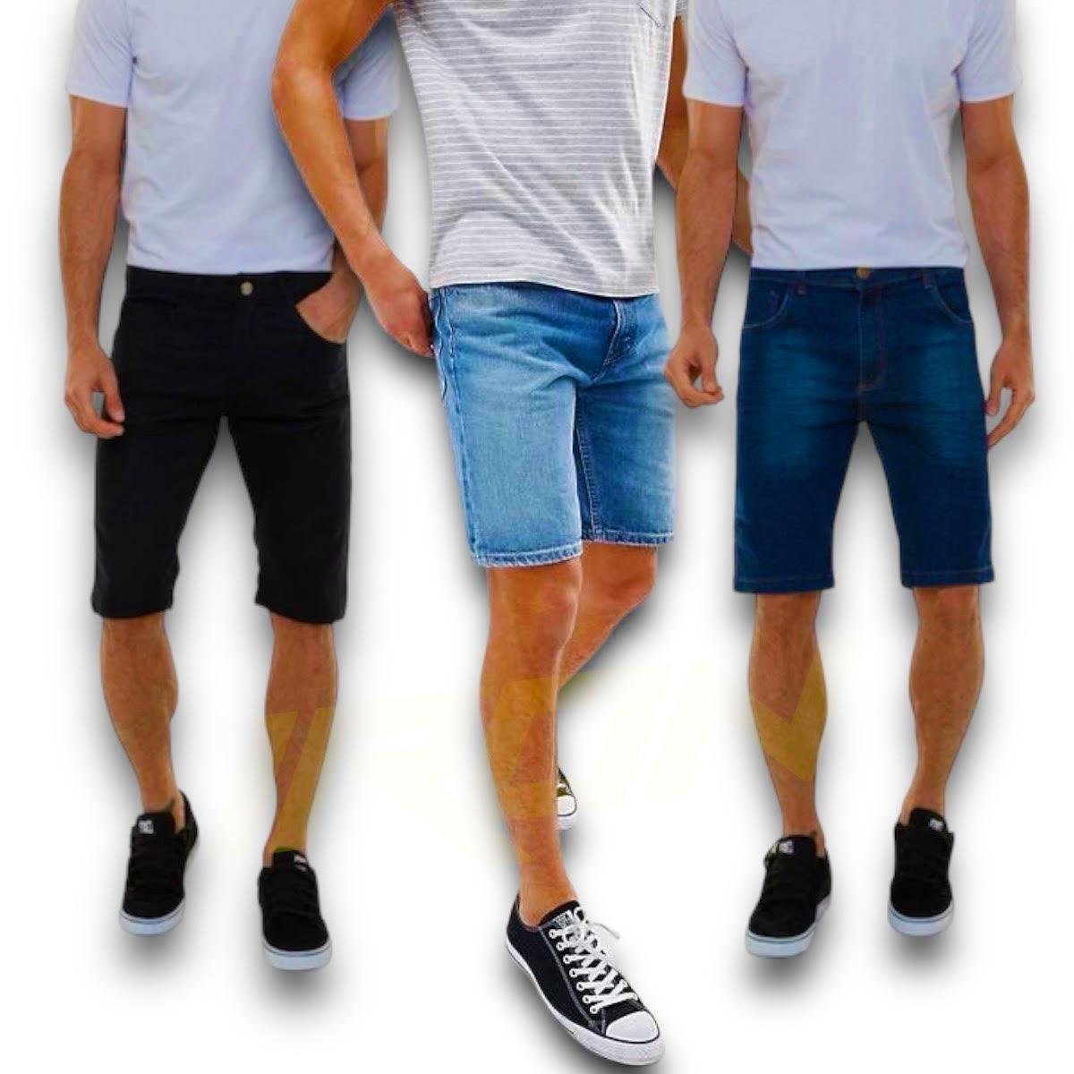 Kit C/3 Bermudas Jeans Lisa Slim Masculina Casual Elastano 414 Menor preço em Kit C/3 Bermudas Jeans Lisa Slim Masculina Casual Elastano 414