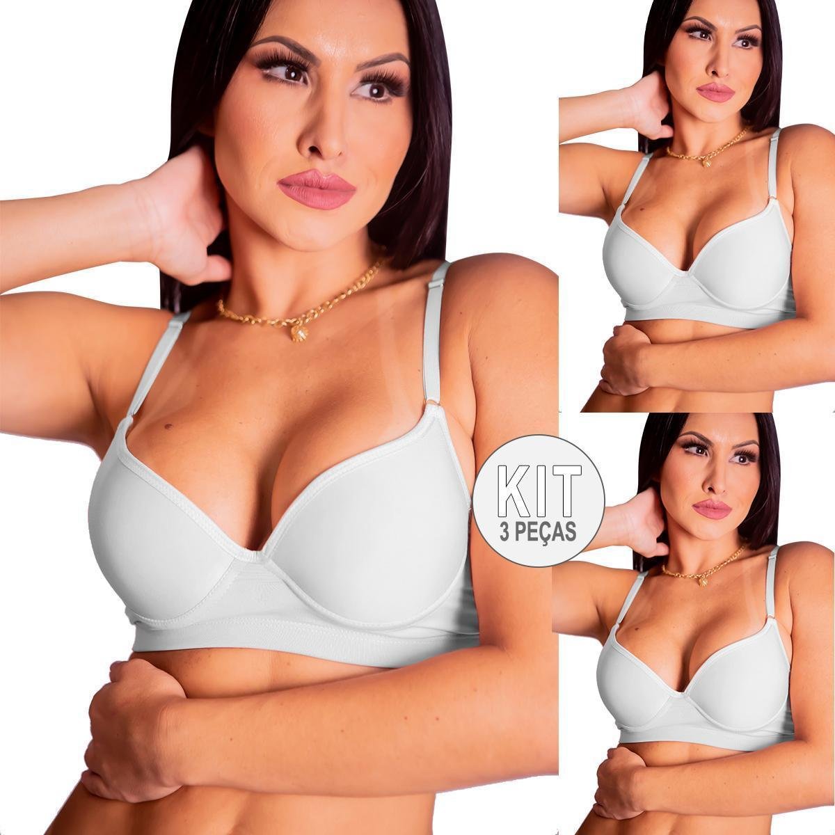 Kit C/3 Sutiãs Reforçado Plus Size Com Bojo - Branco Menor preço em Kit C/3 Sutiãs Reforçado Plus Size Com Bojo - Branco