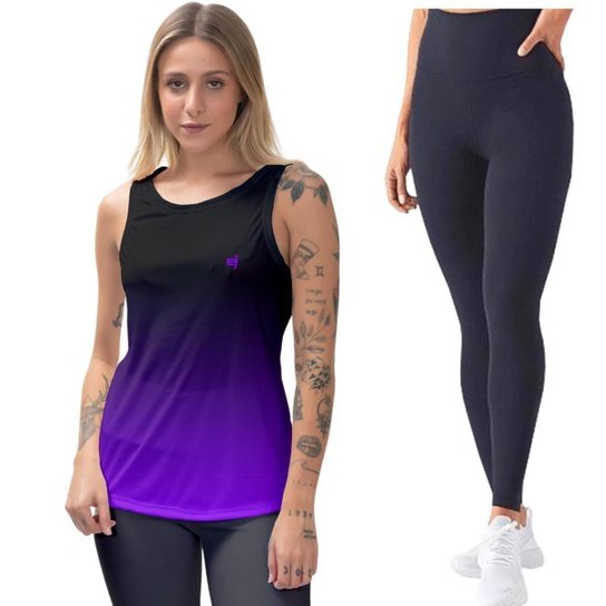 Kit Calça Legging Feminina Camisa Regata Cós Alto Proteção UV50