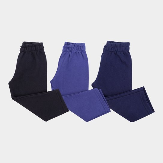 Kit Calça Moletom Bebê Kyly Peluciado Sem Punho Masculina 3 Peças - Marinho+Preto