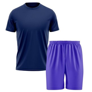 Kit Calção Short Futebol Basquete Azul + Camiseta Manga Curta Masculina