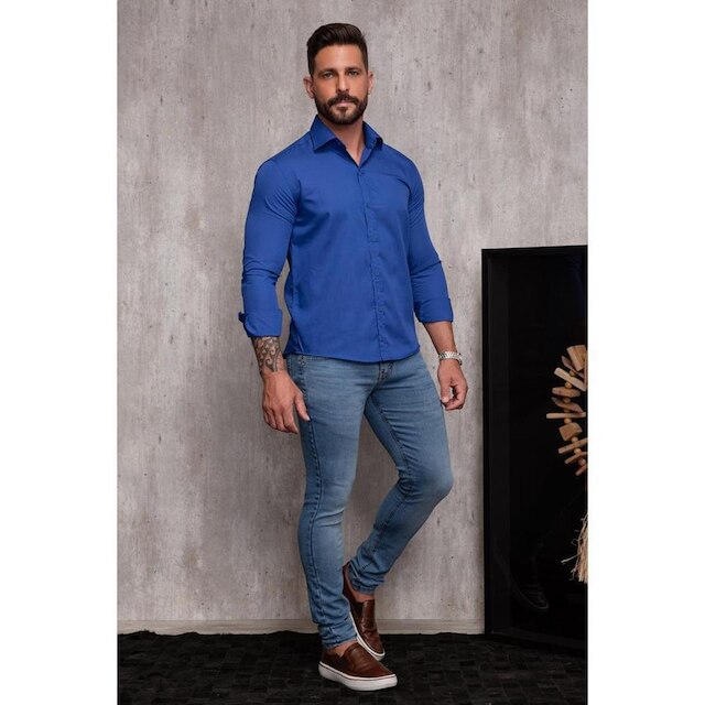 Kit Camisa Social Masculina Manga Longa Slim 2 Peças