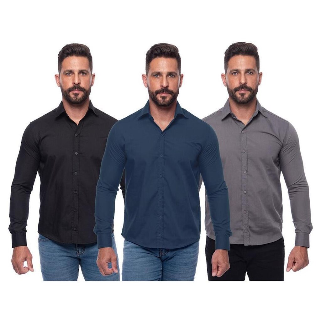 Kit Camisa Social Masculina Manga Longa Slim 3 Peças