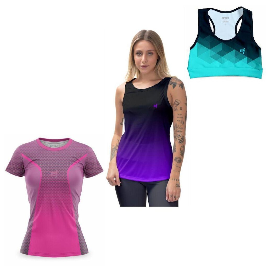 Kit Camiseta Academia Feminina Camisa Regata Top Cropped Feminino Fitness Treino Estampado Ginástica