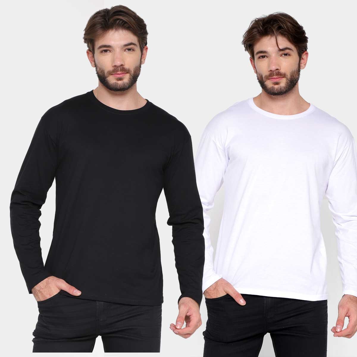 Kit Camiseta Basicamente Manga Longa 2 Peças Masculino - Branco+Preto Menor preço em Kit Camiseta Basicamente Manga Longa 2 Peças Masculino - Branco+Preto