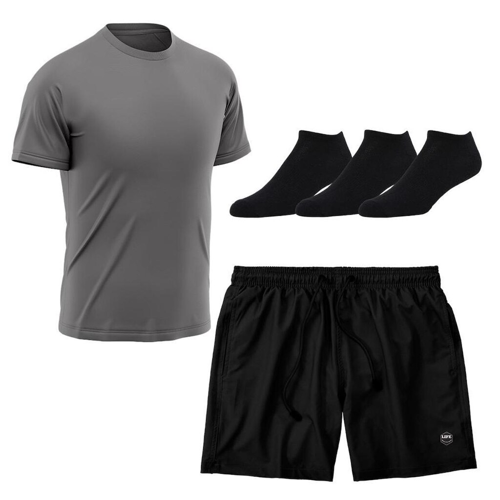 Kit Camiseta Dry Treino Fitness Academia Cinza + Short Bermuda + 3 Pares Meias