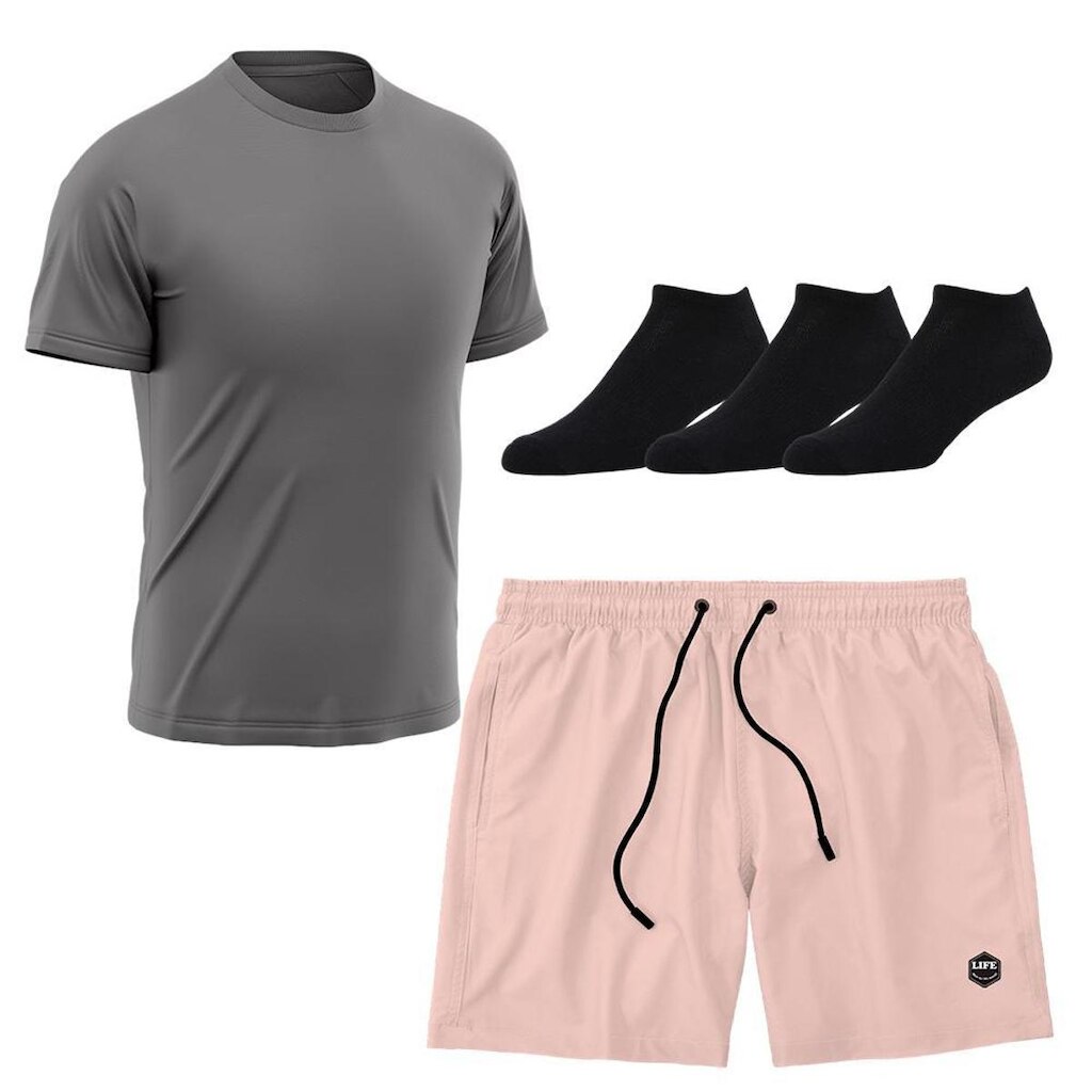 Kit Camiseta Dry Treino Fitness Academia Cinza + Short Bermuda + 3 Pares Meias