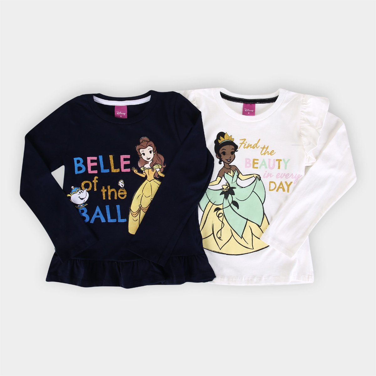 Kit Camiseta Infantil Disney Princesas Bella e Tiana Menina - 2 Peças Menor preço em Kit Camiseta Infantil Disney Princesas Bella e Tiana Menina - 2 Peças