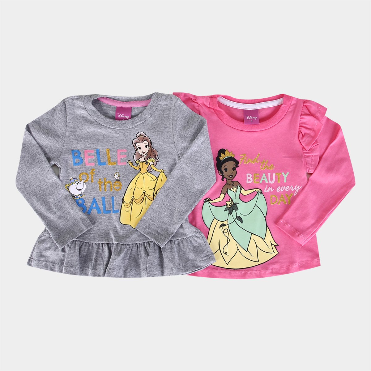 Kit Camiseta Infantil Disney Princesas Bella e Tiana Menina - 2 Peças Menor preço em Kit Camiseta Infantil Disney Princesas Bella e Tiana Menina - 2 Peças