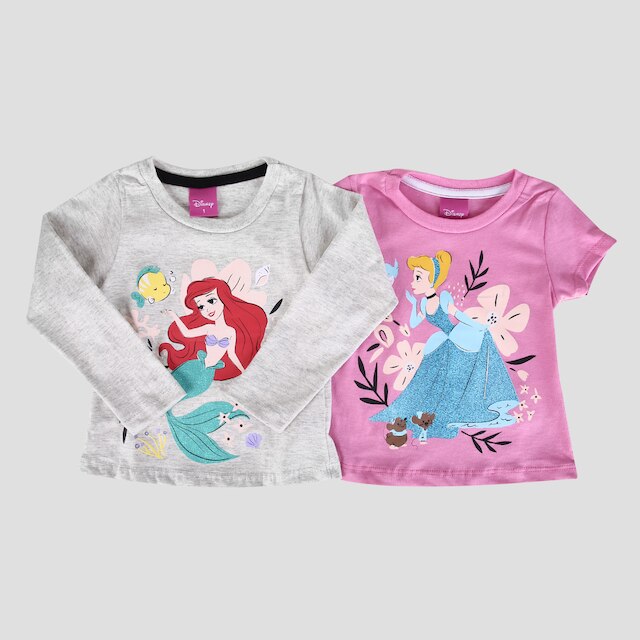 Kit Camiseta Infantil Disney Princesas Glitter Cinderela e Ariel Menina - 2 Peças