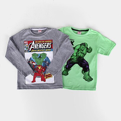 Kit Camiseta Infantil Marvel Malha Avengers Hulk Menino - 2 Peças - Masculino