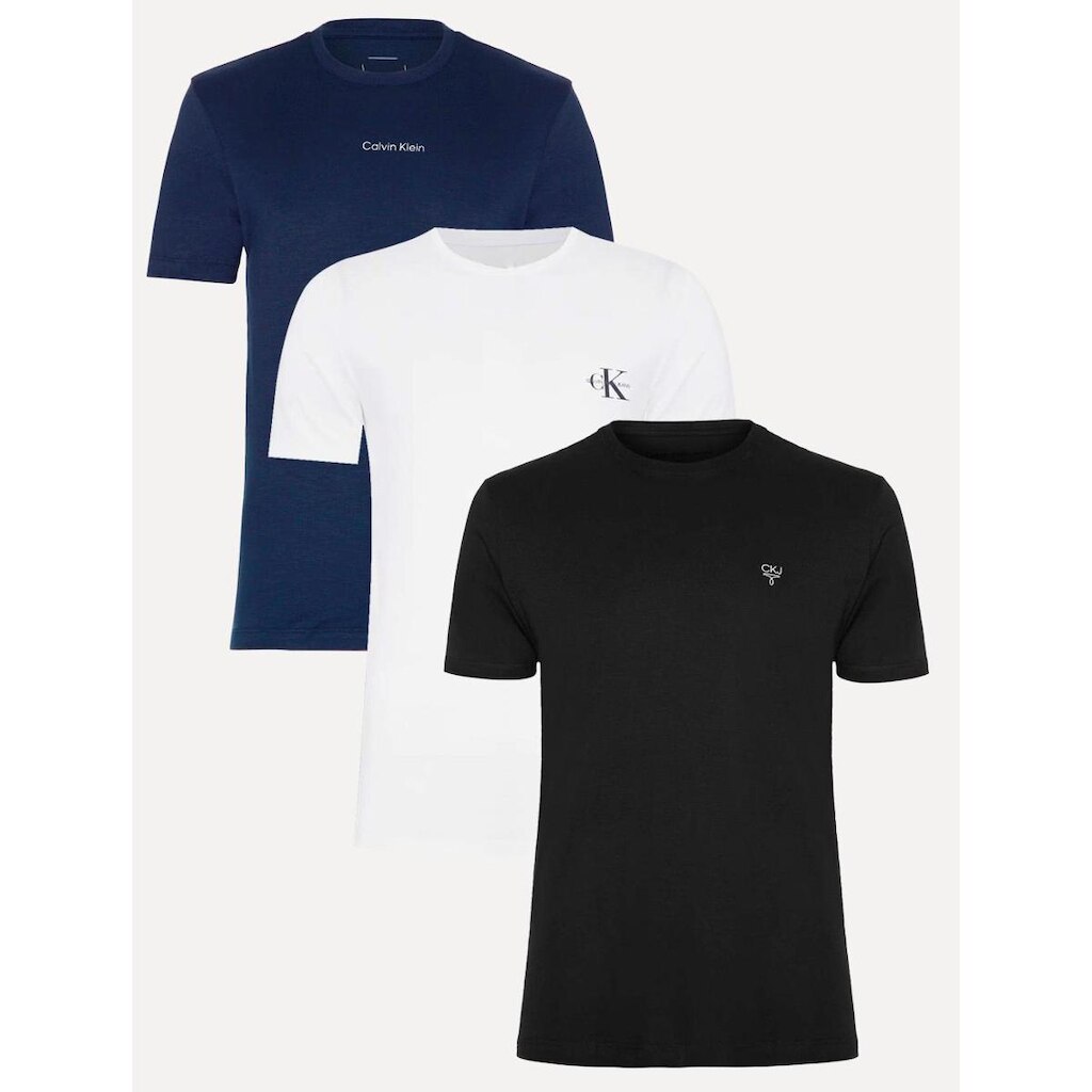 Kit Camisetas Calvin Klein | Masculina Re Issue/Omega/Flame Logo Branca/Preta/Azul
