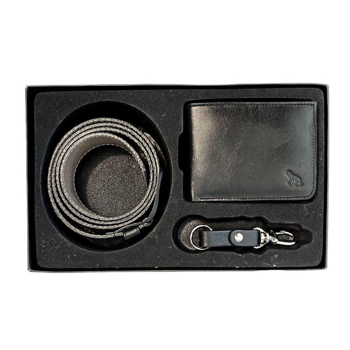 Kit Carteira Cinto e Chaveiro Couro Preto Acostamento Masculino - Preto Menor preço em Kit Carteira Cinto e Chaveiro Couro Preto Acostamento Masculino - Preto