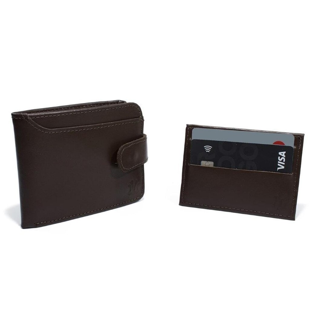 Kit Carteira Couro Masculina Fecho Botao Pressao Repartiçoes Documentos Com Porta Cartao Slim