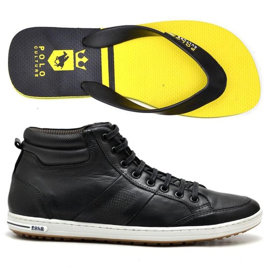 Kit Chinelo e Sapatenis Couro Cano Alto Masculino - Preto
