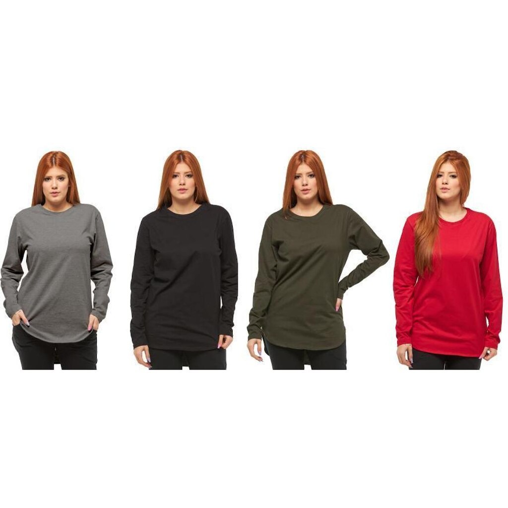 KIT COM 04 CAMISETAS LONGLINE MANGA COMPRIDA OVERSIZED FEMININA-cinzagrafite-preto-verde-vermelho-EX
