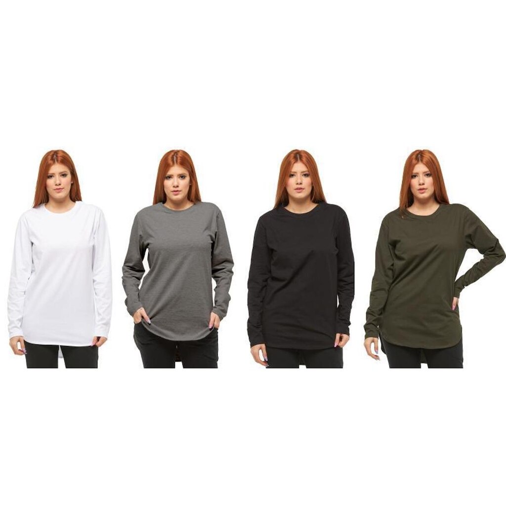 KIT COM 04 CAMISETAS LONGLINE MANGA COMPRIDA OVERSIZED FEMININA-cinzagrafite-preto-verde-vermelho-EX