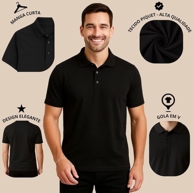Kit Com 2 Camisas Polo Masculina Clássica Manga Curta Gola V e Botões Estilo Casual