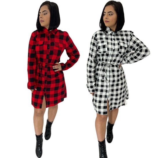 Bota Cano Vestido Quadriculado Vermelho E Preto Kit Com Vestido