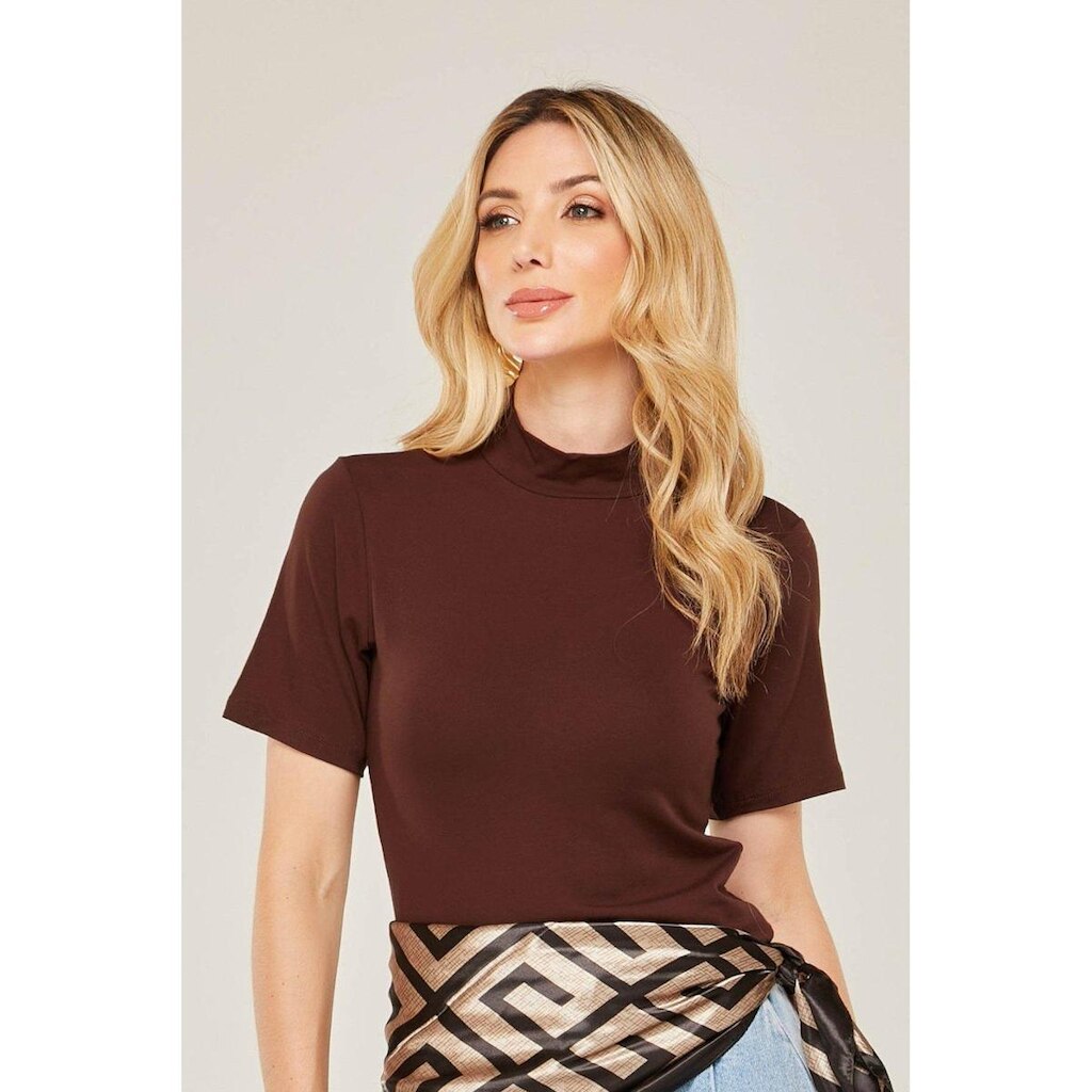 Kit Com 3 Blusas Gola Alta D Bell Outlet Fashion Marrom/Preto/Branco