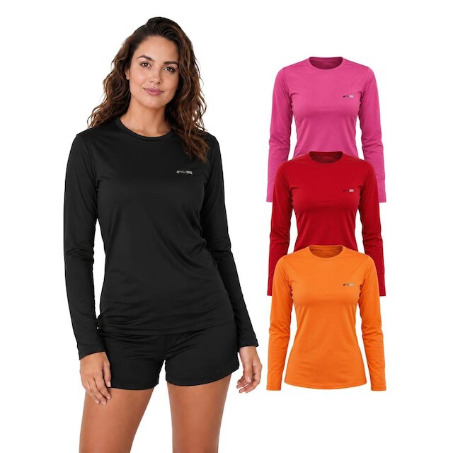Kit Com 3 Camisetas Lisa Manga Longa Proteção UV Feminina