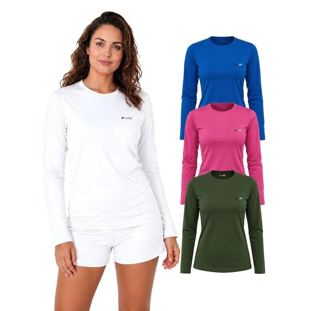 Kit Com 3 Camisetas Lisa Manga Longa Proteção UV Feminina
