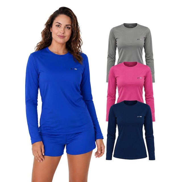 Kit Com 3 Camisetas Lisa Manga Longa Proteção UV Feminina