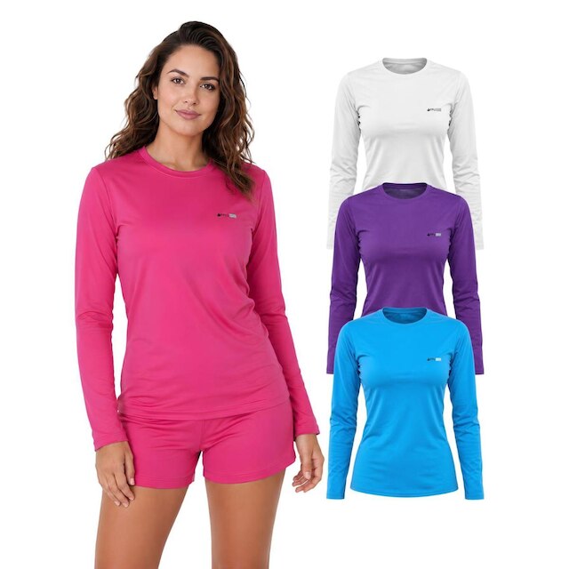 Kit Com 3 Camisetas Lisa Manga Longa Proteção UV Feminina