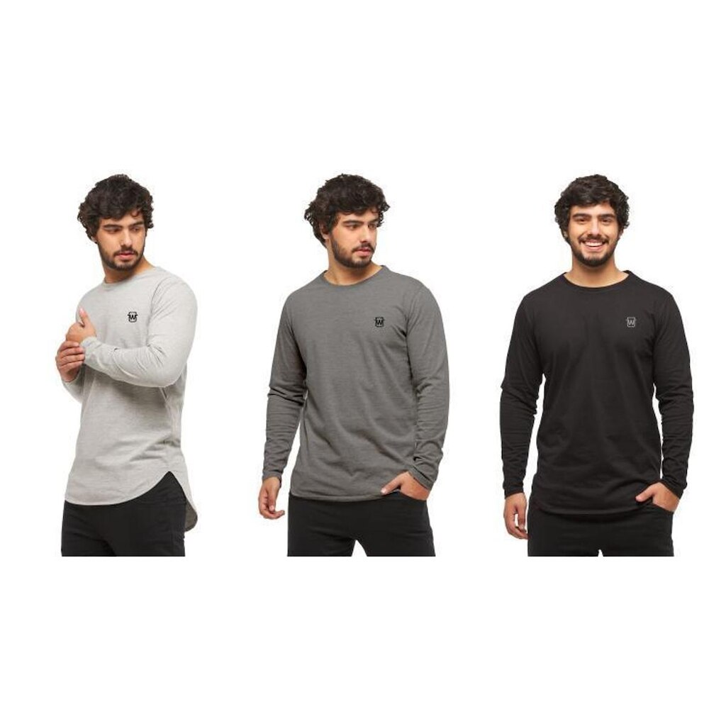 Kit com 3 Camisetas Longline Masculina Blusa Manga Comprida Longa Wooks WC2
