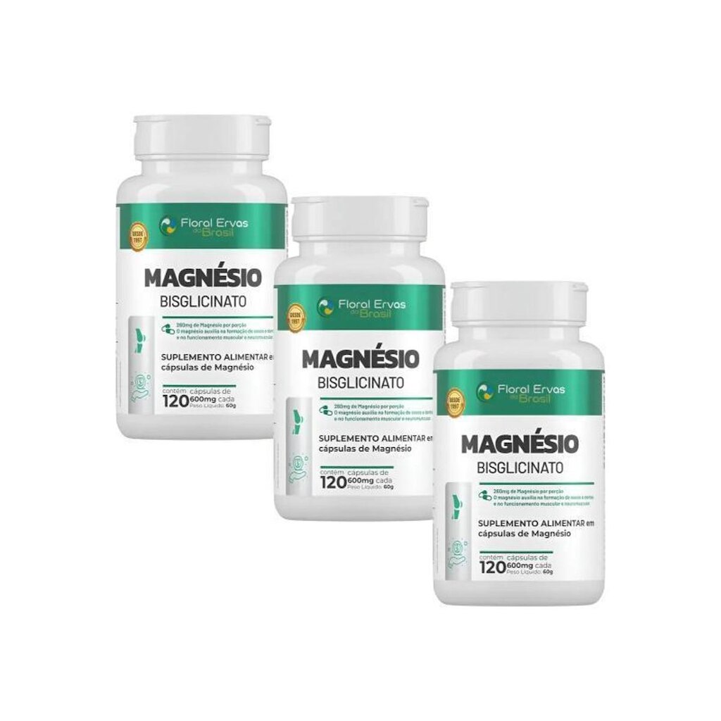 Kit com 3x Magnésio Bisglicinato 600mg 120 Cápsulas Floral Ervas