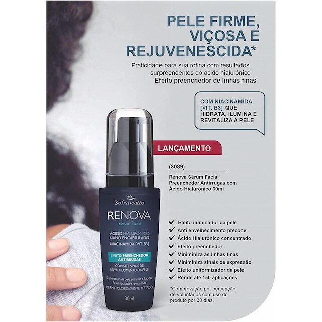 Kit Com 6 Renova Sérum Facial Preenchedor Antirrugas com Ácido Hialurônico 30ml Sofisticatto