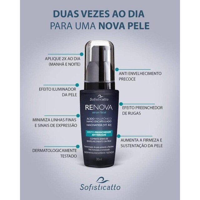 Kit Com 6 Renova Sérum Facial Preenchedor Antirrugas com Ácido Hialurônico 30ml Sofisticatto