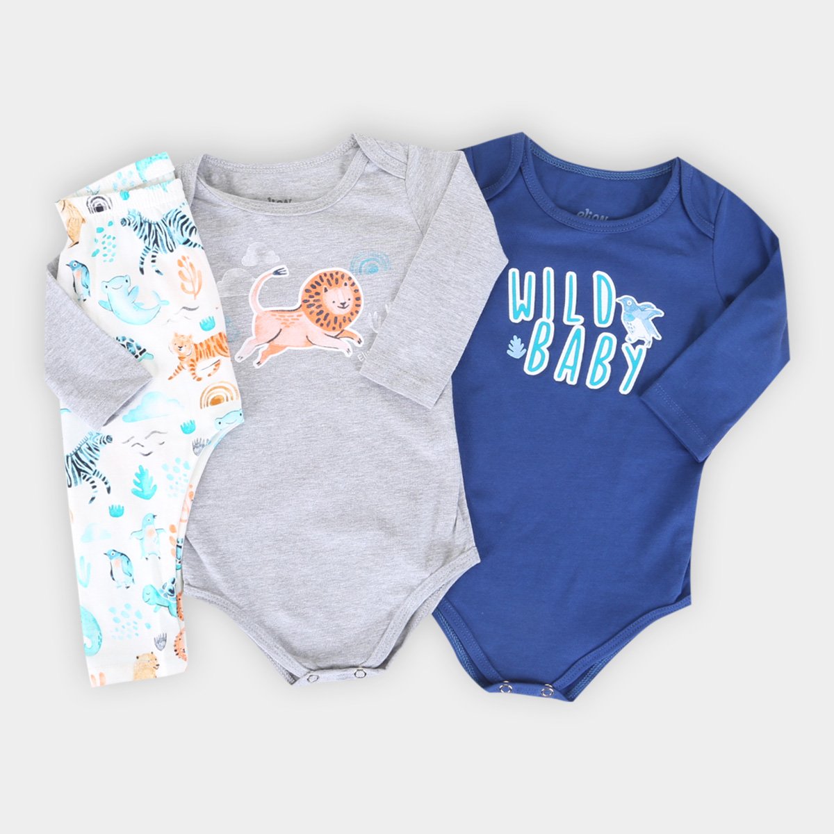 Kit Conjunto Bebê Elian Body Manga Longa E Calça Leãozinho 3 Peças Masculino - Cinza+Marinho Menor preço em Kit Conjunto Bebê Elian Body Manga Longa E Calça Leãozinho 3 Peças Masculino - Cinza+Marinho