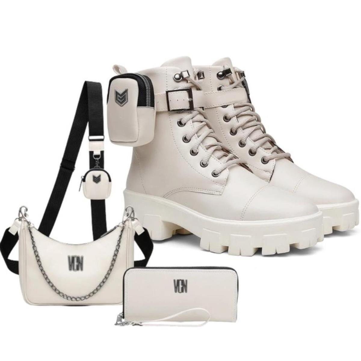Kit Coturno Bag Feminino Tratorado + Bolsa Side + Carteira - Off White Menor preço em Kit Coturno Bag Feminino Tratorado + Bolsa Side + Carteira - Off White