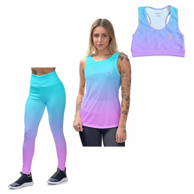 Kit Cropped Top Calça Legging Feminina Camiseta Cavada Regata Academia