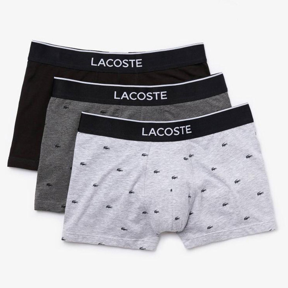 Kit Cueca Boxer Lacoste Trunk c/ 3 Masculina - Preto+Cinza Menor preço em Kit Cueca Boxer Lacoste Trunk c/ 3 Masculina - Preto+Cinza