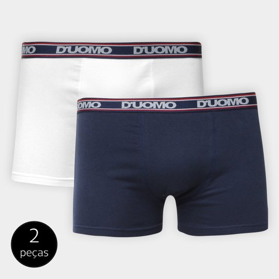 Kit De Cuecas Boxer Duomo Cotton Lisas - Branco+Marinho