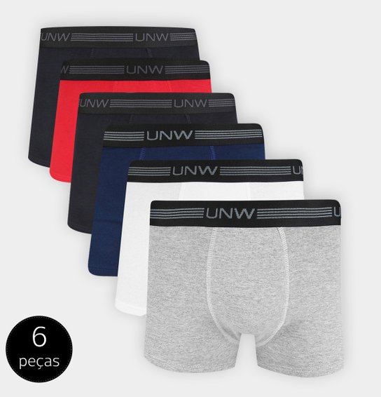 Kit de Cuecas Boxer UNW Elástico 6 Peças - Branco+Vermelho