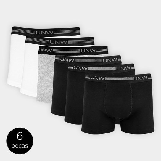Kit de Cuecas Boxer UNW Elástico 6 Peças - Preto+Cinza