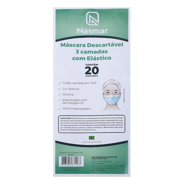 Kit de Máscaras Descartáveis Nasmar TNT Tripla Camada - 20 Unid