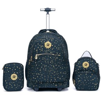 Kit Escolar Feminino Mochila Espaçosa Estojo Lancheira Juvenil De Rodinhas