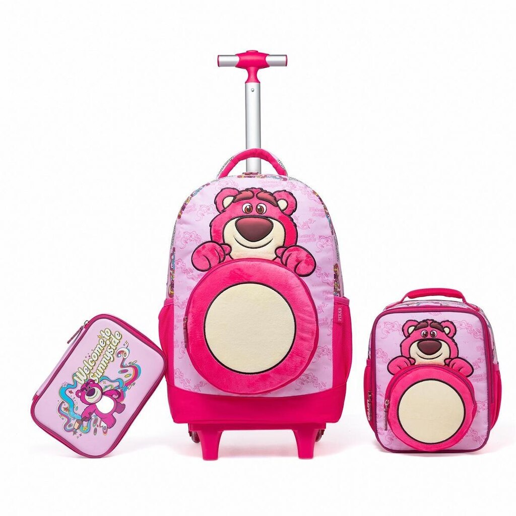 Kit Escolar Lotso Toy Story Mochila de Rodinhas Lancheira Estojo Disney