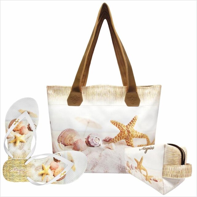 Kit Feminino Praia Estrela-do-Mar Areia Bolsa, Necessaire e Chinelo, Magicc Bolsas KIT-029