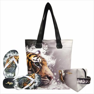 Kit Feminino Selva Tigre com Bolsa, Necessaire e Chinelo, Magicc