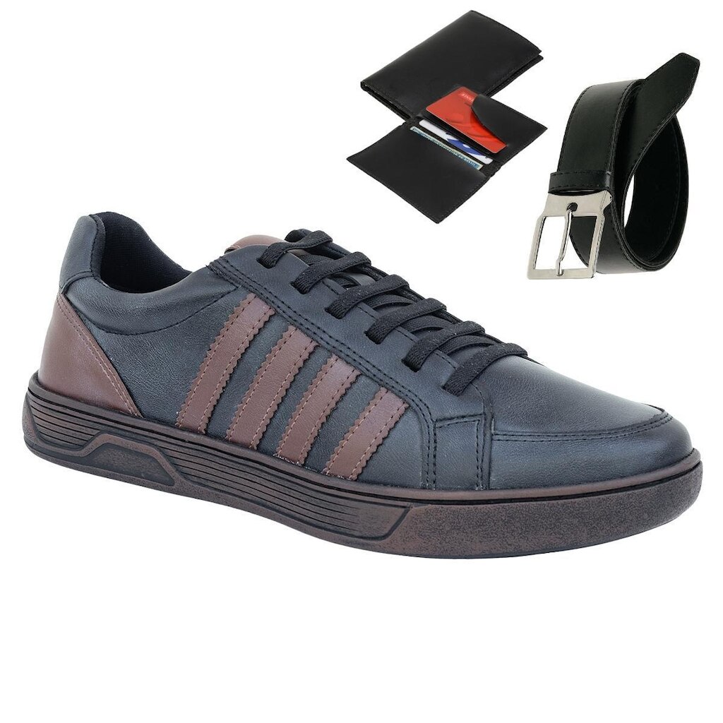 Kit Gmm Shoes Sapatênis Esportivo de Amarrar + Cinto + Carteira Masculino