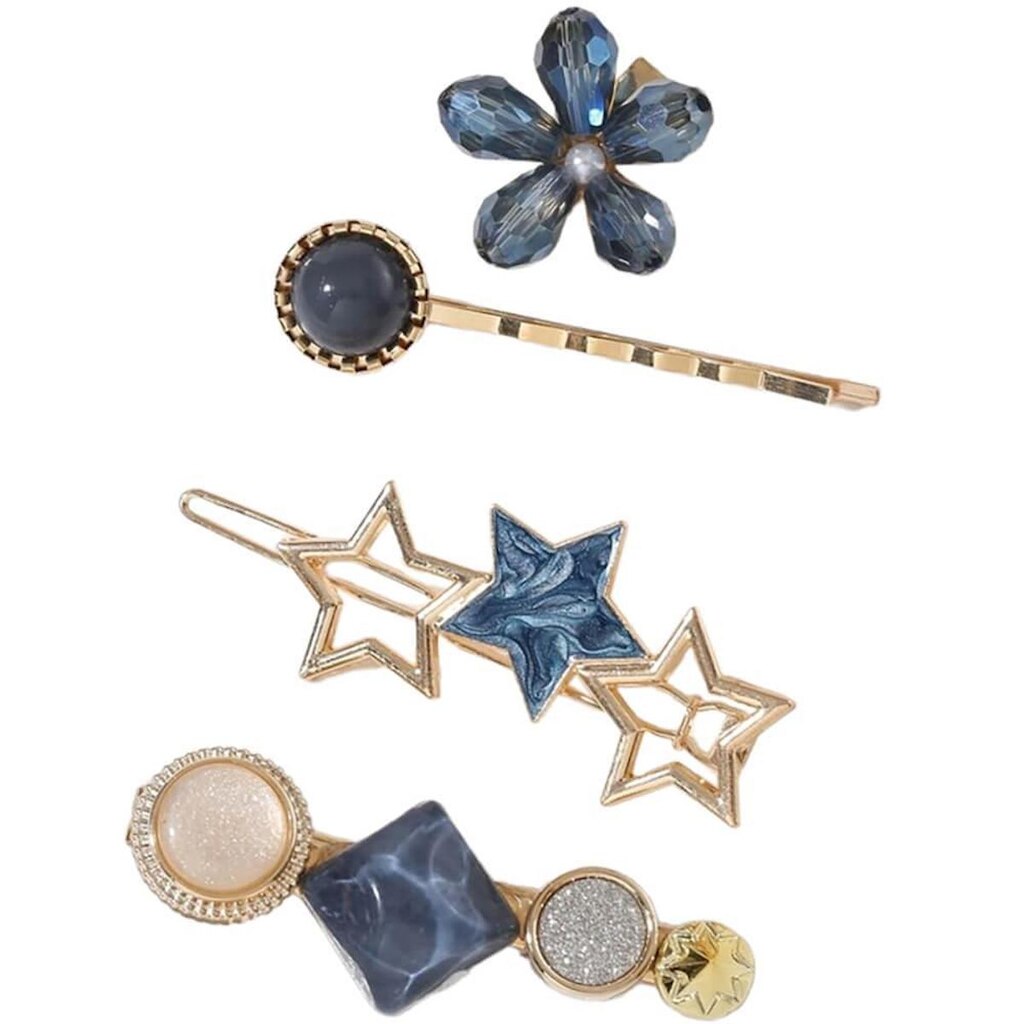 Kit Grampos de Cabelo Estrela e Pedras Azul e Dourado (3 Peças)