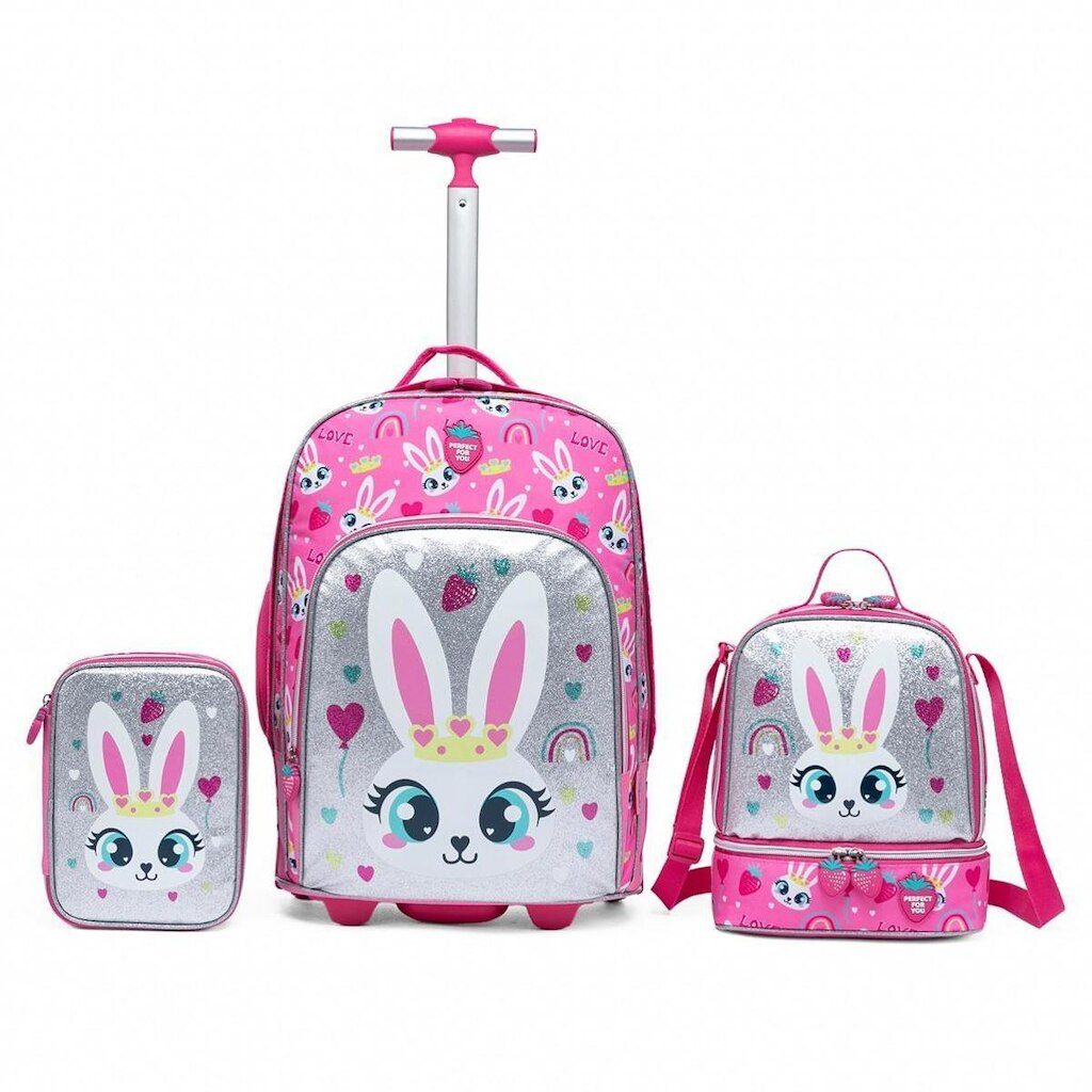 Kit Infantil Mochila De Rodinhas + Estojo + Lancheira Menina 2 litros